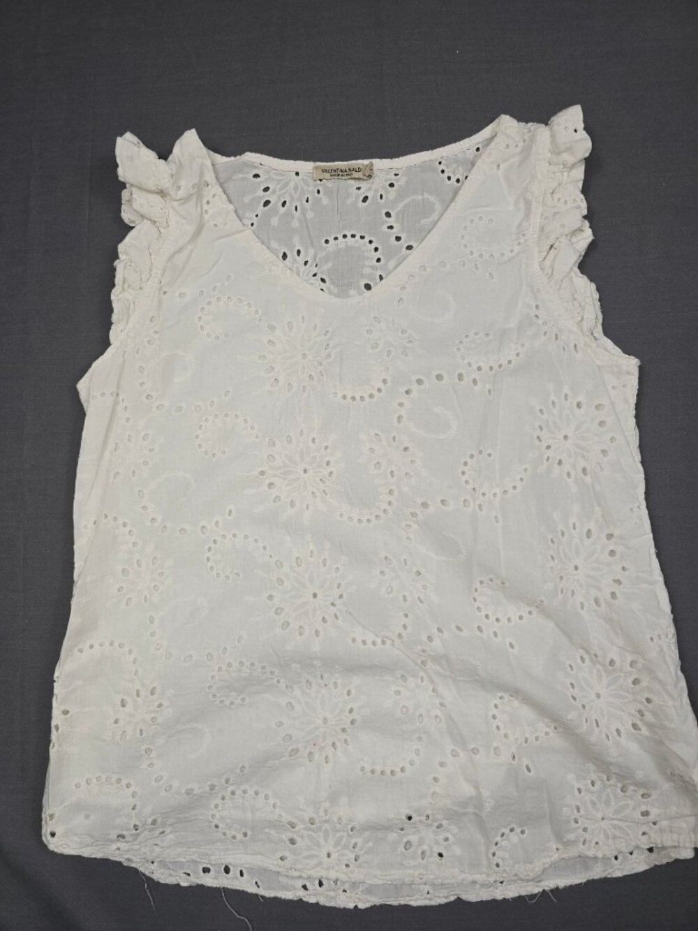 Valentina Naldi Womens Eyelet Cotton Sleeveless Top Ruffle Size L White Italy
